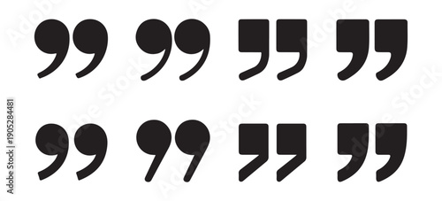 Set of black quote mark symbols and icons, quotation marks in different styles and shapes on white