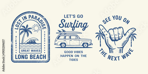 Retro Surfing Vector Set with Beach Vibes Graphics, Vintage Car, Palm Trees and Coastal Slogans, Summer Surf Style Illustrations Perfect for T-Shirts, Apparel and Print Design