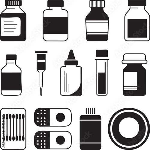 A collection of black silhouettes showcasing various medical containers and healthcare supplies on a white background