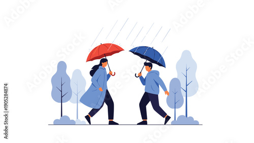 A man and a woman walking towards each other under umbrellas in the rain, symbolizing meeting, connection, or shared challenges.