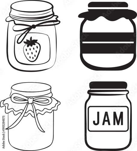 Various stylized drawings of jam jars, some with fruit and text labels, on white background