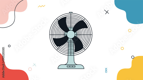 Simple vector illustration of a black electric desk fan for cooling, set against a white background with colorful abstract shapes.