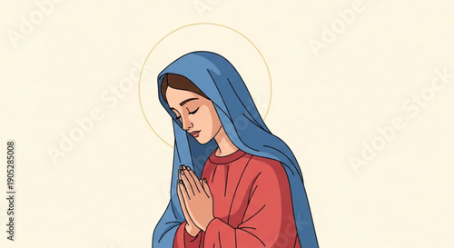 Praying woman in blue headscarf and red shirt with halo serene and peaceful spirituality and devotion concept