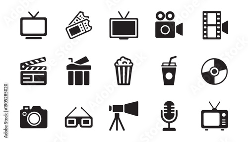 Creative graphic icons for multimedia, streaming services, and digital content creation on a plain surface