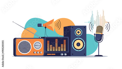 Colorful illustration of various audio and broadcasting equipment including a retro radio, speakers, and a microphone with sound waves.