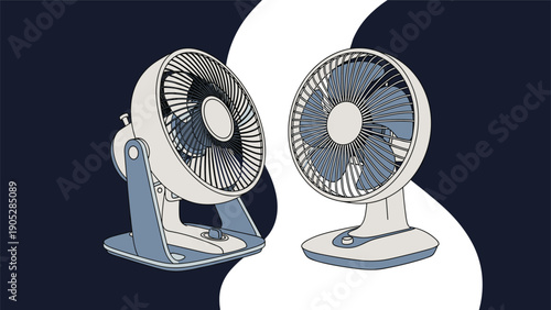 Two vector illustrations of a modern desk fan from different angles against a stylized black and white contrasting background.