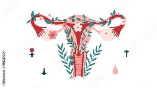 Artistic illustration of the female reproductive system with blooming flowers, symbolizing femininity, fertility, and women's health.