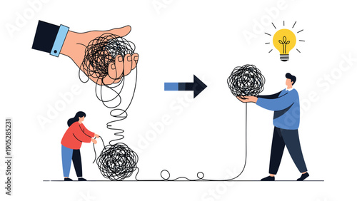 Conceptual illustration of teamwork and problem-solving, showing a process of untangling a complex problem to find a solution.