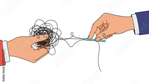 Conceptual illustration of two hands untangling a messy thread with a needle, symbolizing problem-solving, therapy, and clarity.