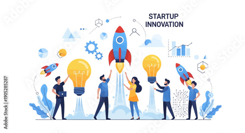 Diverse team collaborating on startup innovation, launching rockets and holding lightbulbs, symbolizing new ideas and business growth.