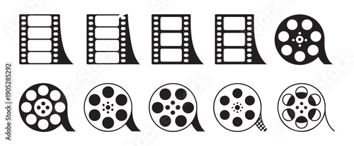 Film reel and strip vector set collection for cinema production video editing and filmstrip motion graphic art