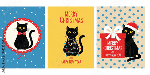 Cute Black Cat Christmas Greeting Card Set with Festive Kittens, Holiday Lights, Gift Box and New Year Celebration Illustrations