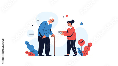 Young woman volunteer offering help and support to an elderly man with a walking cane, a concept of kindness and charity.