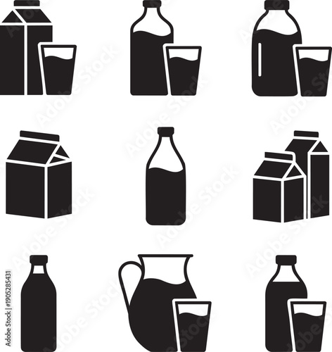 A grid of black silhouettes showing various milk cartons, bottles, and a pitcher with a glass