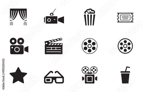 Minimalist cinema icons set featuring popcorn clapperboard camera 3d glasses and star symbols for graphic design