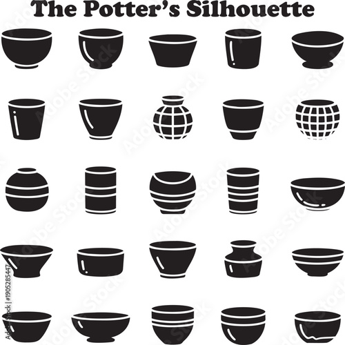 A large assortment of black silhouettes showcasing various pottery bowls and ceramic containers on a plain white surface