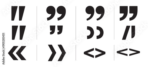 Black quote marks and arrow symbols collection set for speech text box design element vector illustration