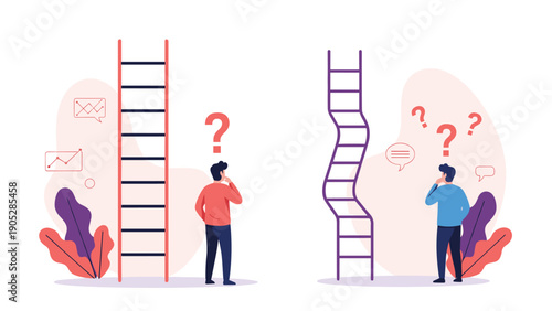 Conceptual illustration comparing a simple, straightforward path versus a complex, difficult one, with men contemplating their choices.