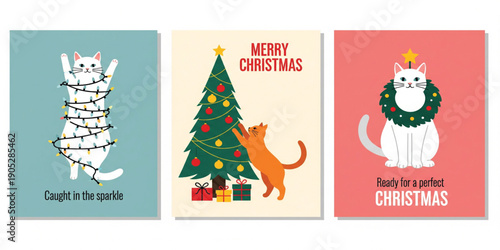 Cute Christmas Cat Illustration Poster Set with Playful Kittens, Holiday Tree, Wreath and Festive Decorations for Greeting Cards, Prints and Seasonal Designs