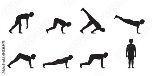 Collection of black silhouette figures demonstrating various dynamic yoga or gymnastics poses for flexible body movement illustration