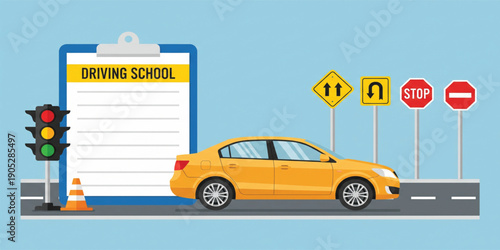 Driving School Education Illustration with Car Traffic Signs Clipboard Checklist and Road Safety Elements for Driver Training Courses Licensing and Automotive Learning Designs