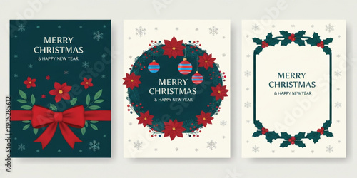 Elegant Christmas Greeting Card Set with Floral Wreath Holly Frame Red Bow and Merry Christmas Typography for Holiday Invitations Posters and Festive Print Designs
