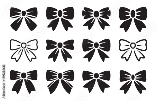Ribbon bow decorative icons set for gift wrapping design elements silhouette illustrations collection vector