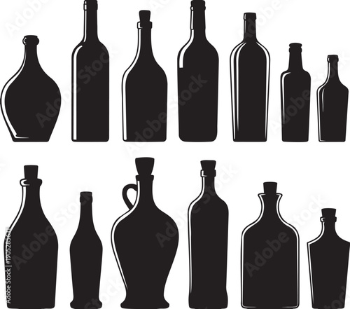 Classic black silhouettes of diverse wine and beverage bottles on a pristine white background
