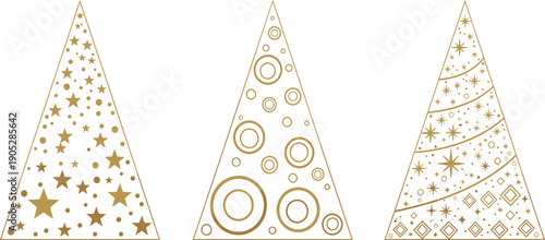 Elegant Christmas Tree Triangle Icon Set with Gold Line Art, Stars, Geometric Patterns, and Festive Holiday Decoration Design
