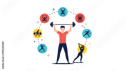 Man lifting a barbell surrounded by icons of various fitness activities, representing a complete and balanced workout routine.
