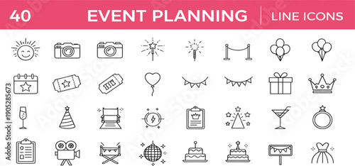 Event Planning Line Icon Set with Party Decorations, Calendar, Camera, Tickets, Celebration, Wedding, Birthday, and Festival Management Symbols for Web, App, and UI Design