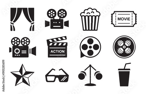 Set of cinema icons with stage curtains, vintage camera, popcorn, film ticket, clapperboard