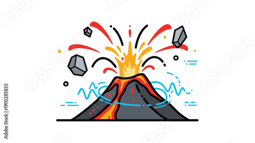 Dynamic cartoon illustration of an active volcano erupting with hot lava, smoke, and flying rocks, isolated on white background.