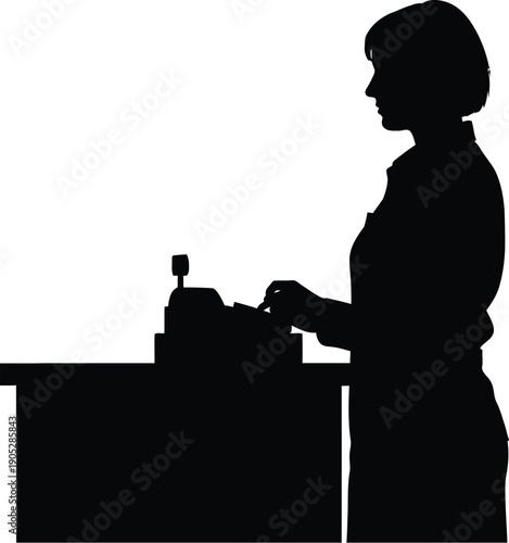 Woman operating vintage cash register with subtle elegance indoors