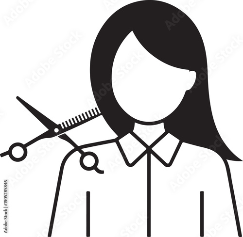 A simple black and white icon depicting a woman professional hairdresser holding a pair of hair cutting scissors