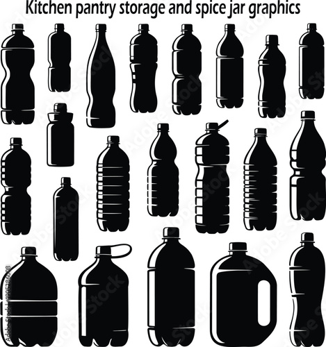 Various black silhouettes of plastic bottles and containers suitable for kitchen pantry storage and beverages