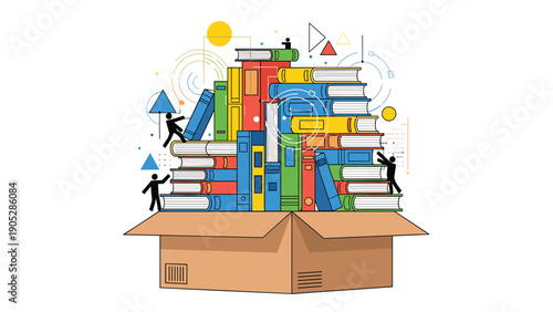 Giant stack of colorful books inside an open cardboard box, with small stick figures climbing them, symbolizing learning and knowledge.