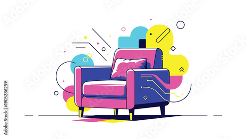 Vibrant pop art illustration of a modern armchair with bright colors and abstract geometric shapes, in a retro Memphis design style.