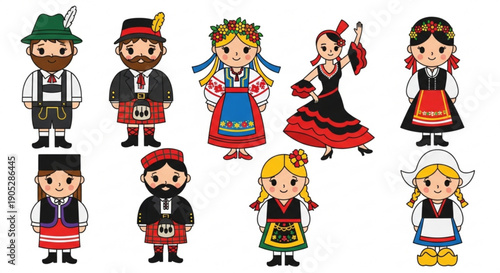 Diverse group of people wearing traditional folk costumes and accessories from different cultures
