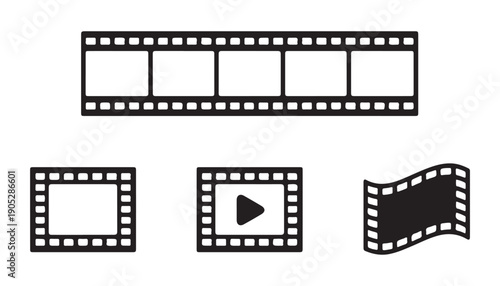 Film strip icons set with cinematic negative reel designs for photography and video production media projects
