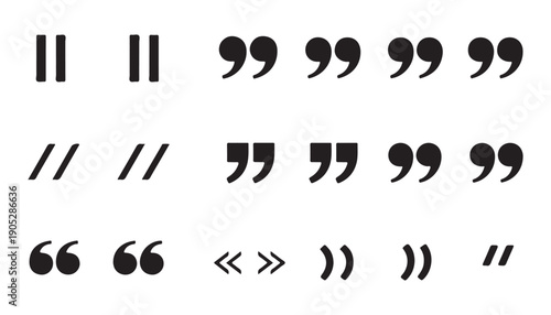 Assortment of black quotation mark icons and punctuation symbols for text and web design