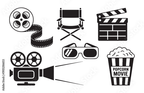 Graphic icons for cinema theme reel director chair clapperboard 3d glasses vintage camera spotlight and popcorn box vector art