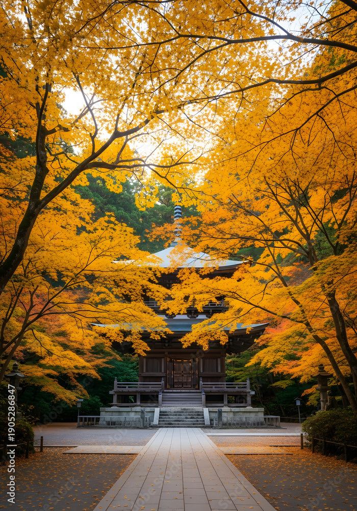 Naklejka premium Traditional Japanese Temple Structure Framed by Vibrant Golden A