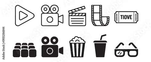 Cinema vector line icons set containing play button video camera clapperboard film strip and ticket symbols