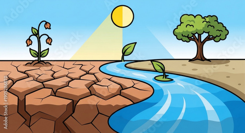 Drought landscape with dry cracked earth wilting plant and stream with green leaves symbolizing hope and survival in a parched environment under sunny sky