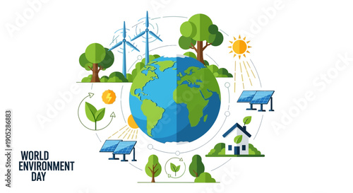 World Environment Day concept with Earth, renewable energy sources like wind turbines and solar panels, trees, and sustainable living elements.