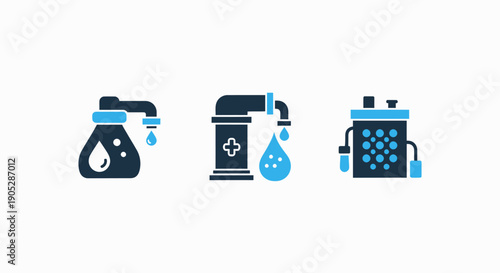 Simple vector graphics of water filtration systems, showing a flask, a filter unit, and a clear water dispenser.