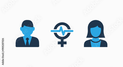 Icons representing male and female figures, and a symbol for heart rate or vital signs, symbolizing health and equality.