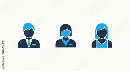 Stylized avatar icons of a businessman, a female professional, and a person in athletic wear, representing different roles.