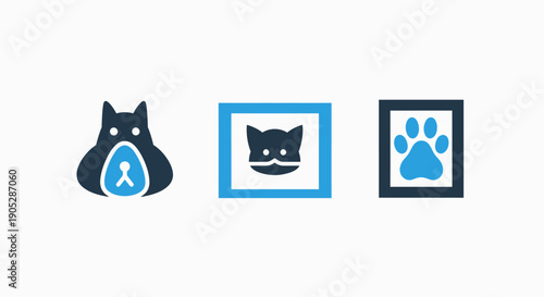 Cute cartoon animal icons: a stylized dog face, a cat face inside a frame, and a dog paw print.